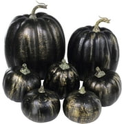 LHOO 7 Pcs Assorted Artificial Gold Brush Black Pumpkins Rustic Decorative Halloween Pumpkins Faux Foam Pumpkins for Fall Halloween Thanksgiving Tabletop Centerpiece Mantel Kitchen Decor