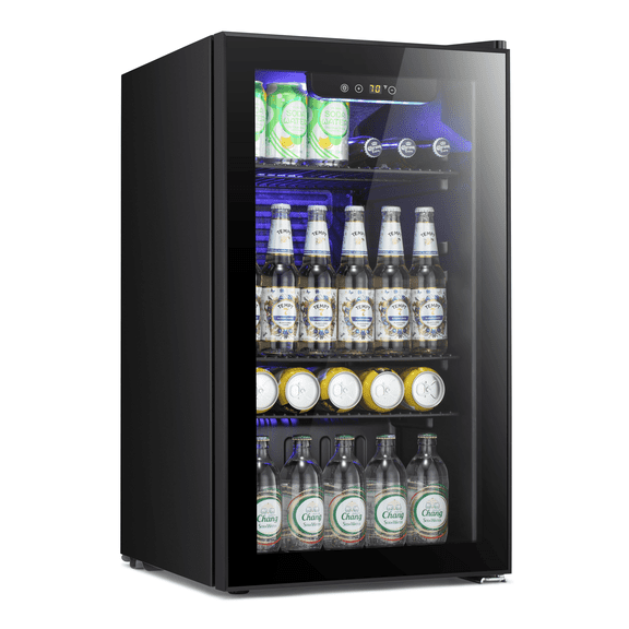 LHRIVER 3.2Cu.ft Beverage Refrigerator and Cooler, 130 Can Mini Fridge, Freestanding Constant Wine Chiller with Glass Door (Black)