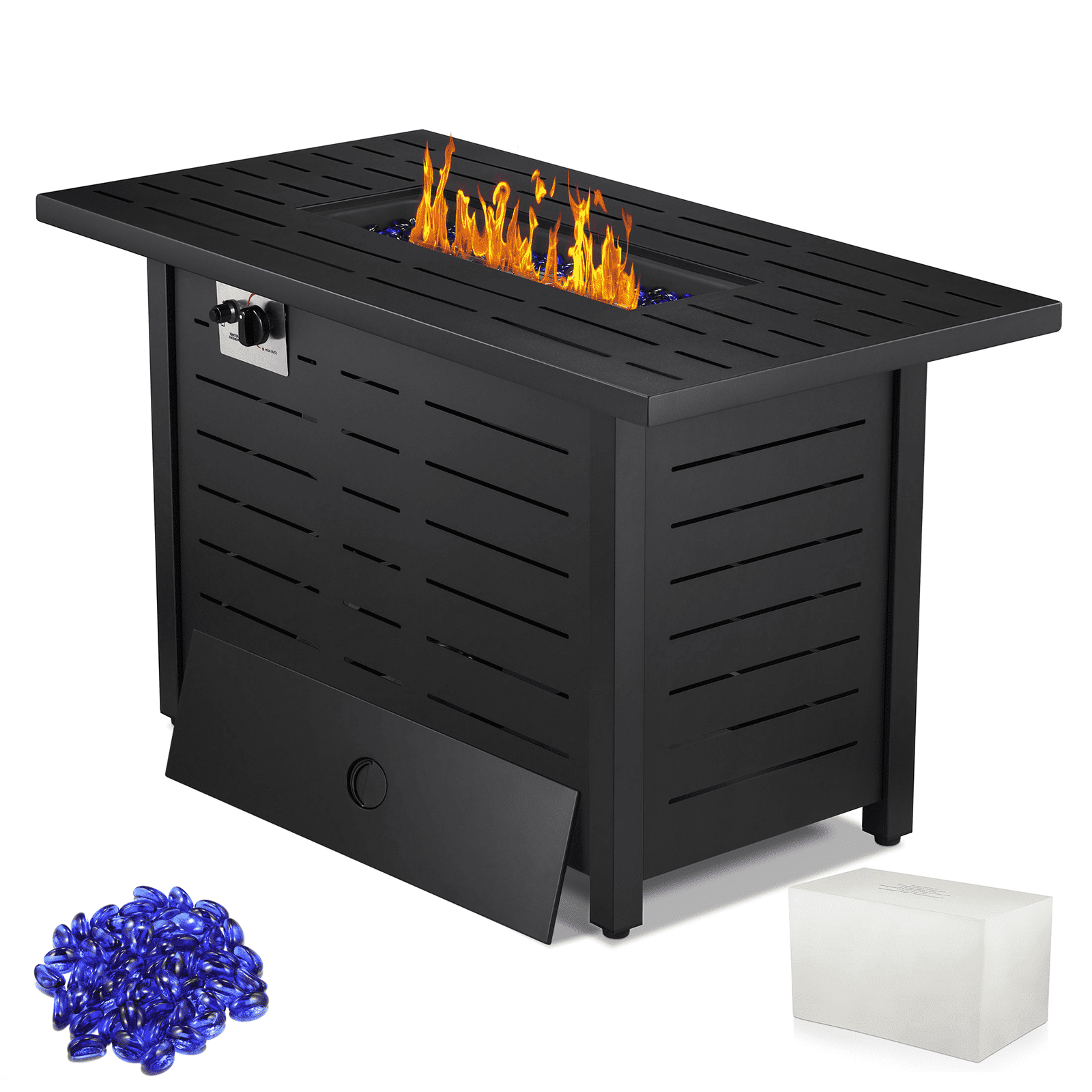 LHRIVER 43" Propane Fire Pit Table, 50,000 BTU Outdoor Windproof Gas Fire Pit with Lid, Smokeless  Glass Rocks, Cover