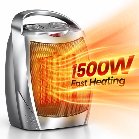 Electactic Compact 1500W/750W Space Heater with Thermostat - ETL Certified Ceramic Portable Heater Fan, Ideal for Home/Dorm/Office/Kitchen, Silver