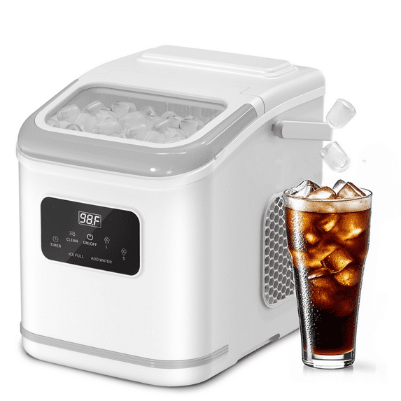LHRIVER Countertop Ice Maker, Self-Cleaning Portable Ice Maker Machine with Handle, 9 Bullet-Shaped Ice Cubes Ready in 6 Mins, 26Lbs/24H with Ice Scoop and Basket with Digital Screen, White