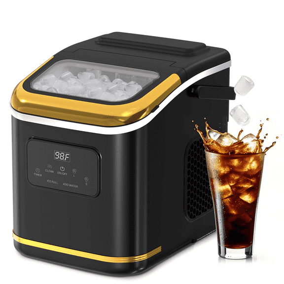 LHRIVER Countertop Ice Maker, Self-Cleaning Portable Ice Maker Machine with Handle, 9 Bullet-Shaped Ice Cubes Ready in 6 Mins, 26Lbs/24H with Ice Scoop and Basket with Digital Screen, Black