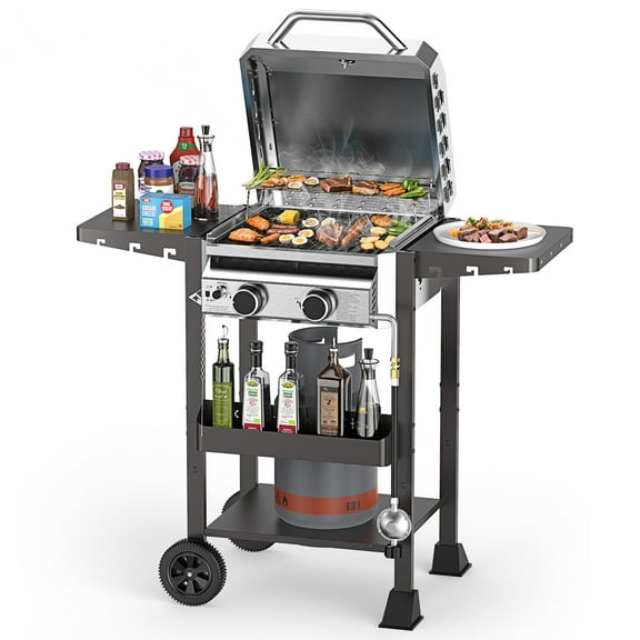 LHRIVER Stainless Steel 2 Burner Propane Grill, 16000 BTU Gas Grill & Griddle Combo for Outdoor, Patio