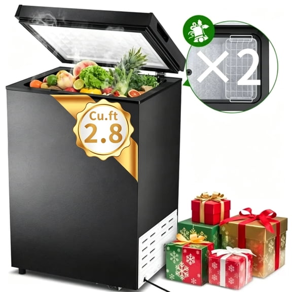 LHRIVER Mini Freezer Chest 2.8 cu ft, Deep Freezer & Side Handle, Compact Freezer with 7 Gear Adjustable Temperature, Removable Storage Basket, Black