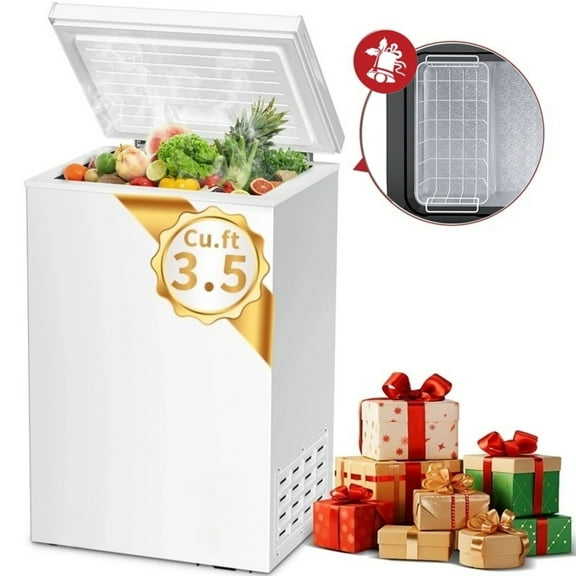 LHRIVER Mini Freezer Chest 3.5 cu ft, Deep Freezer & Side Handle, Compact Freezer with 7 Gear Adjustable Temperature, Removable Storage Basket, White