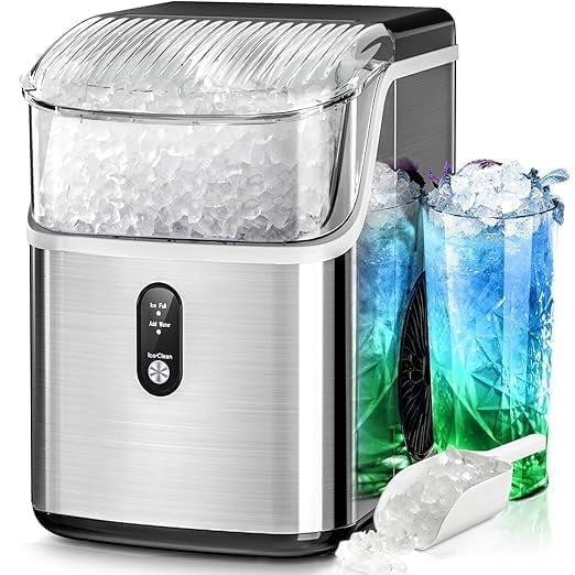 KISSAIR Nugget Ice Maker Countertop, 35lbs/24H with Self-Cleaning Function, Portable Sonic Ice Machine for Home/Office Stainless Steel,Sliver