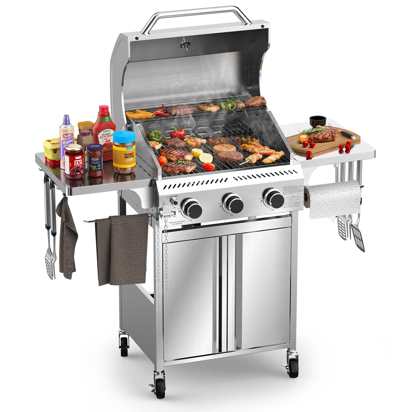 LHRIVER 3 Burner Propane Gas Grill with Side Table, 24000 BTU BBQ Grill for BBQ, Outdoor Cooking