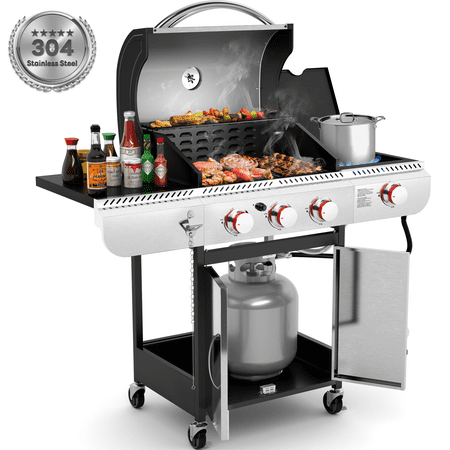 LHRIVER Stainless Steel 3 Burner Propane Gas Grill with Side Burner, 34,000 BTU Patio Garden Barbecue Grill,Porcelain-Enameled Cast Iron Grates