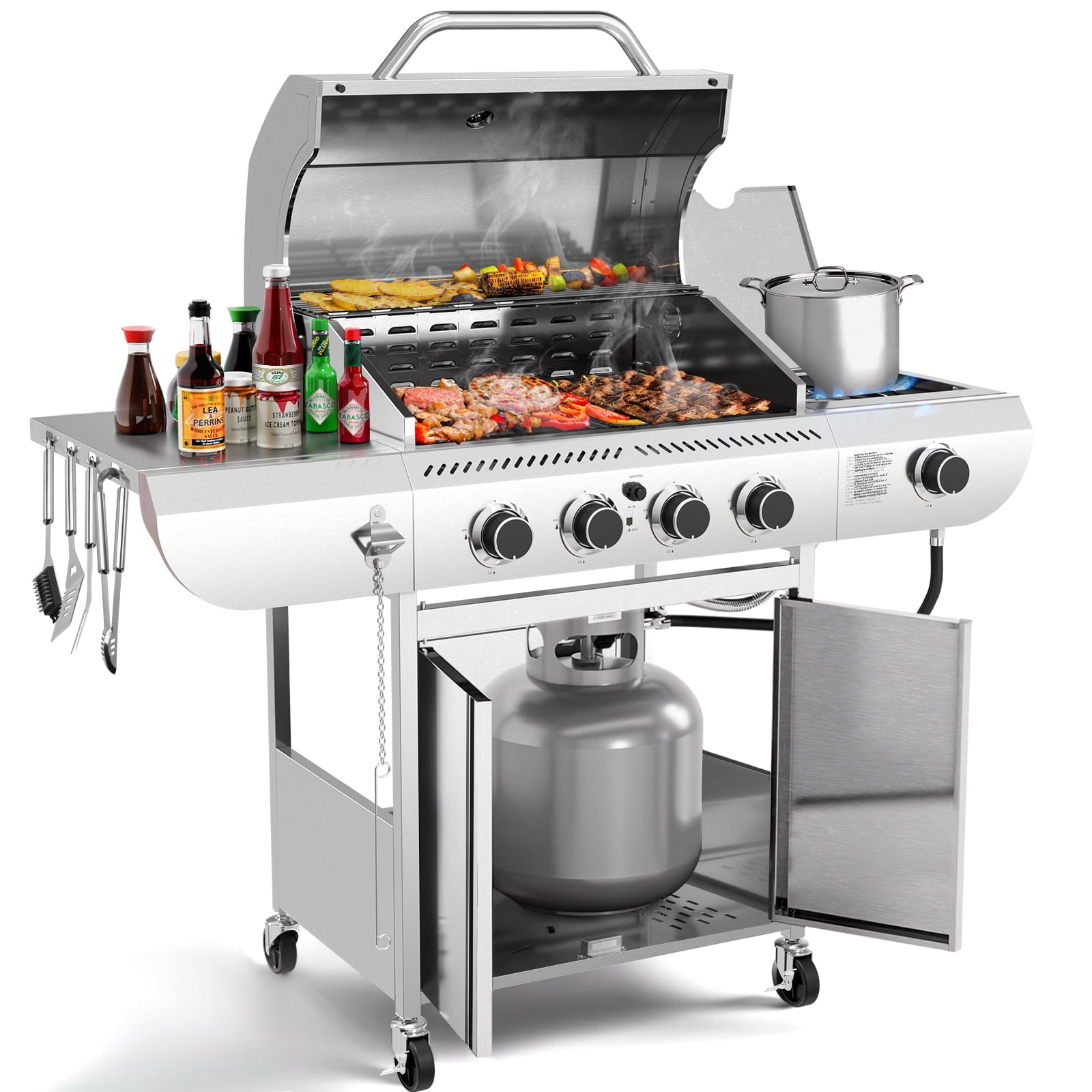LHRIVER Stainless Steel 4-Burner Gas Grill with Side Burner