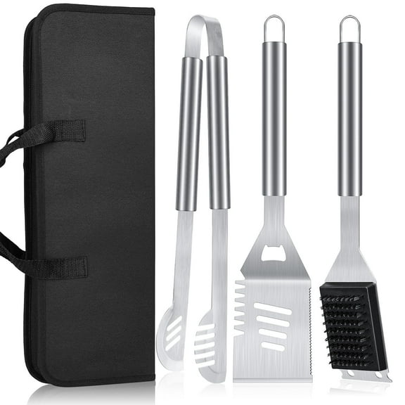 LHRIVER Stainless Steel BBQ Grill Tools Set with Storage Bag, 3 Pieces Include Tong, Spatula, Cleaning Brush