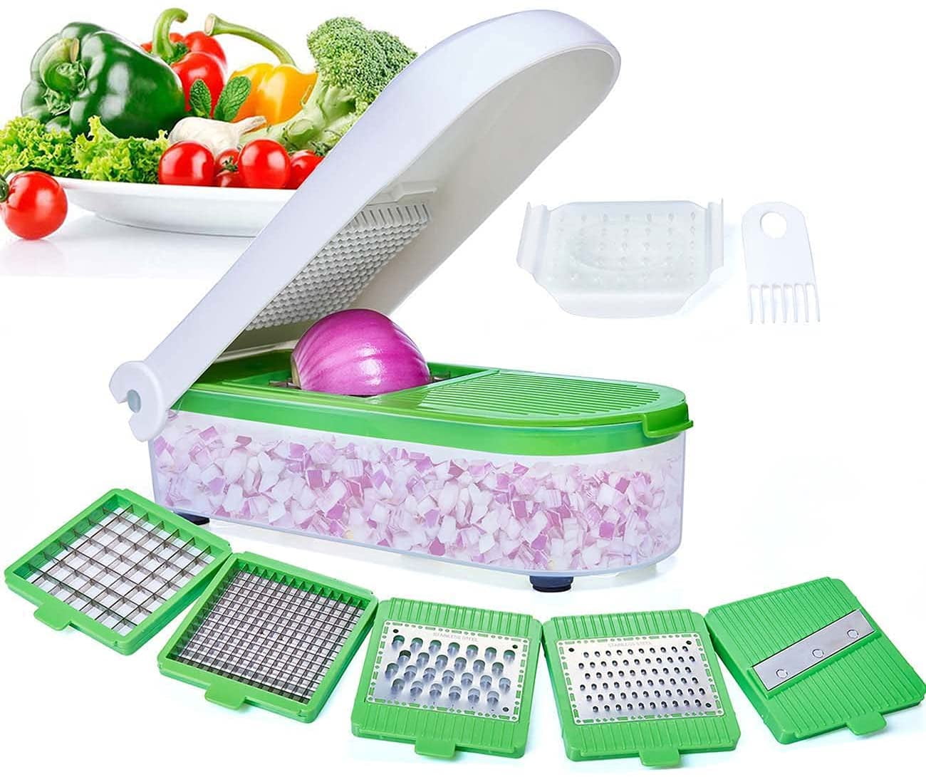Prep Naturals Vegetable Chopper, Veggie Chopper, Vegetable Cutter, Food Chopper & Onion Chopper - Chopper with Container - Green, Size: 6 Inserts