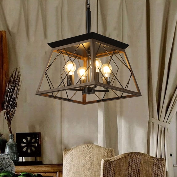 LHSHID 16" Walnut Industrial 4-Light Pendant Chandelier,Modern Metal Cage Design,Adjustable Hanging Light for Dining Room,Kitchen,Living Room (No Bulbs)