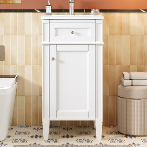 LHSHID 16-inch Bathroom Vanity with Ceramic Sink,Freestanding Single Vanity Set with Soft Closing Door,Adjustable Shelf,French Style,Solid Feet,White