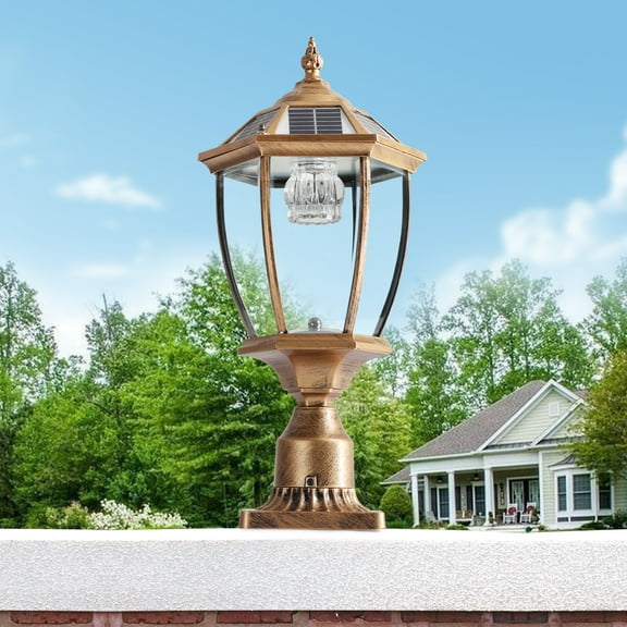 LHSHID 20"(H) Golden Solar Powered LED Outdoor Lantern,Vintage Garden Light with Elegant Glass Design for Pathways,Yards,and Patios (1-Pack)