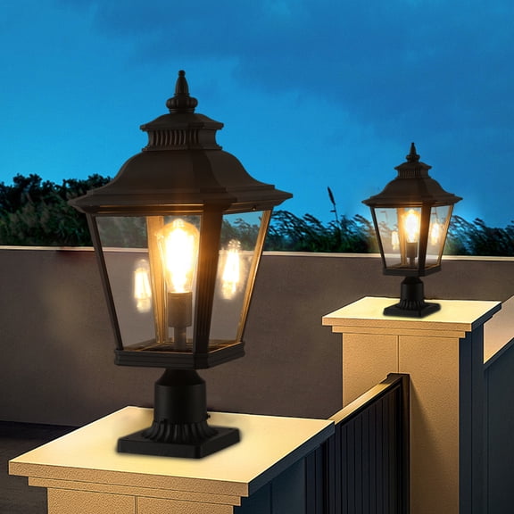 LHSHID 21"(H) 2-Pack Outdoor Post Lantern Light–Vintage Black Metal Clear Glass Pillar Lamp for Garden,Gate,Driveway,and Pathway Lighting with Elegant Design (Bulb Not Included)
