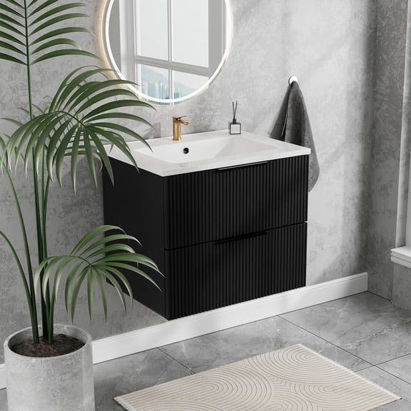 LHKJ 24in Black Wall-Mounted Fluted Vanity, Ceramic Sink, Drawers