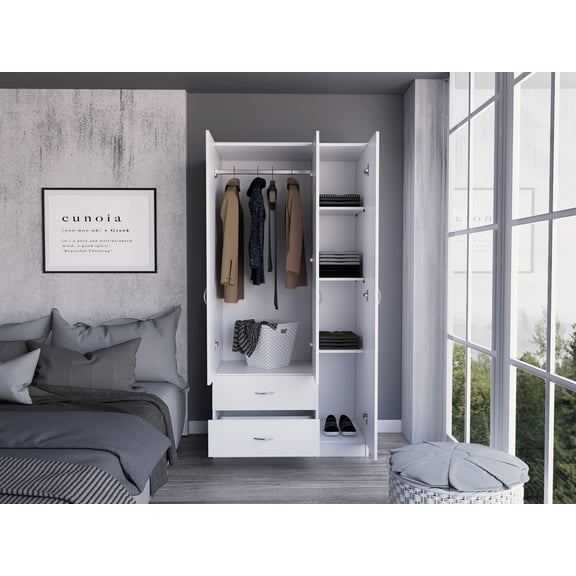 LHKJ 3-Door Armoire with 2 Drawers and Metal Rod, White