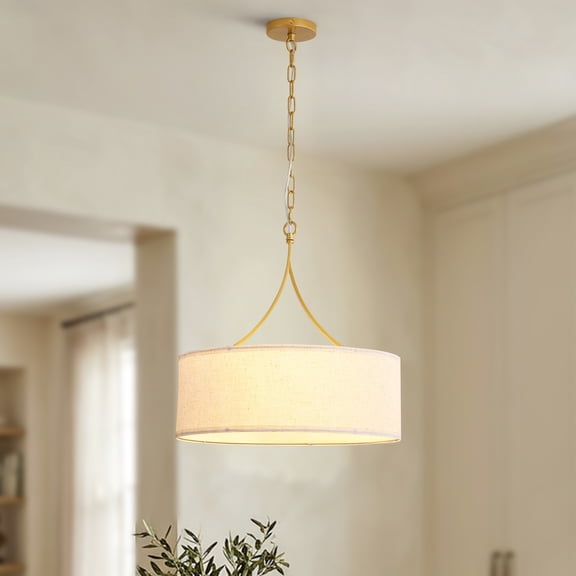LHSHID 3-Light Gold Fabric Drum Pendant Light,Transitional Farmhouse Dining Room Chandelier Over Table,Adjustable Height Ceiling Light Fixture for Kitchen Island Living Room Entryway