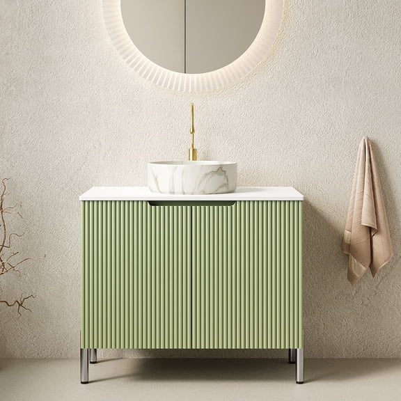 LHSHID 30"Bathroom Vanity with Sink,Freestanding Bathroom Storage Cabinet with 2 Doors,White Round Ceramic Basin with Stone Pattern and White Counter Top,No Faucet,Light Green Color