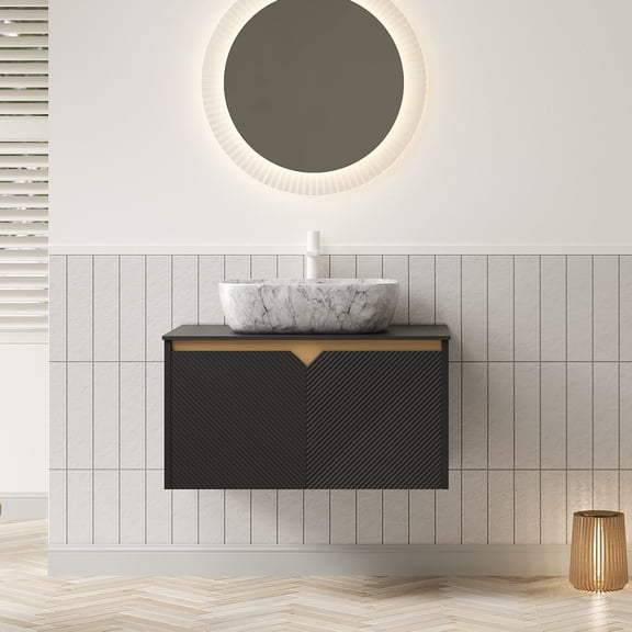 LHSHID 30"Bathroom Vanity Sink,Wall-Mounted Floating Plywood Storage Cabinet,Twill Double Doors with Metal Trim,Marble Pattern Rectangle Ceramic Vessel Basin Black Sintered Stone Top,Black