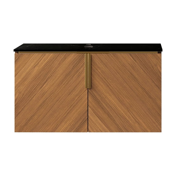 LHSHID 30"Black Sintered Stone with Stone Pattern Countertop and Brown Oak Cabinet,NO Basin,NO Faucet and Sink Cover