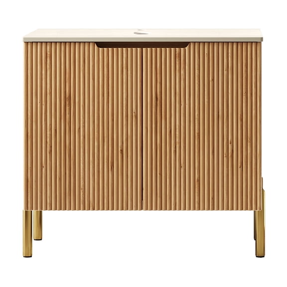 LHSHID 30"Freestanding Roma Travertine-Pattern Sintered Stone Counter Top and Natural Woodgrain Plywood Cabinet with Two Doors,NO Basin,NO Faucet and Sink Cover