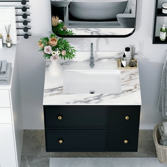 LHSHID 31 Inch Marble Vanity Top,Bathroom Vanity Top with Undermount Rectangular Middle Sink and 4"Height Backsplash,Pre-Drilled Faucet Hole Vanity Top,white with veins