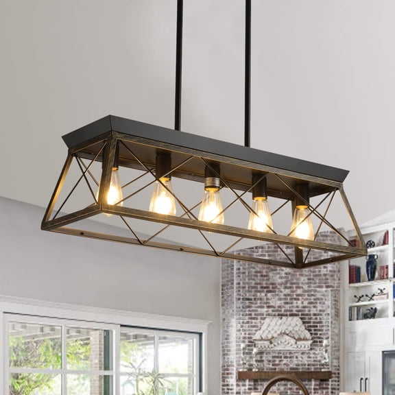 LHSHID 32" Black Gold Industrial 5-Light Pendant Chandelier,Modern Metal Cage Design,Adjustable Hanging Light for Dining Room,Kitchen,Living Room (No Bulbs)