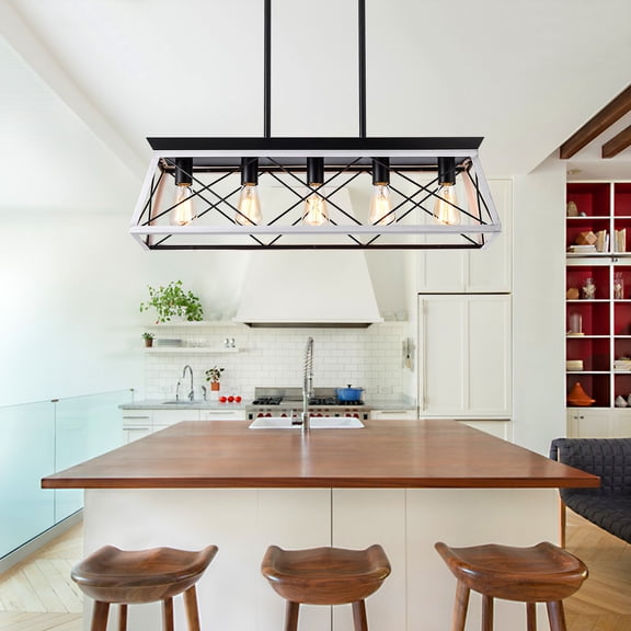LHSHID 32" Black White Industrial 5-Light Pendant Chandelier,Modern Metal Cage Design,Adjustable Hanging Light for Dining Room,Kitchen,Living Room (No Bulbs)