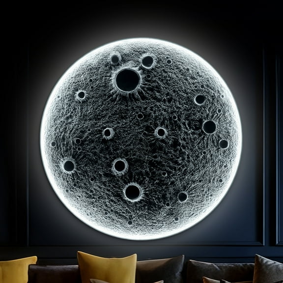 LHSHID 32-Inch Realistic Resin Moon Wall Light–Plug-In Dimmable LED Moon Sconce with Remote Control,30 W Main 10 W Night Light,Meteorite Crater Texture,1.75″ Thick Wall