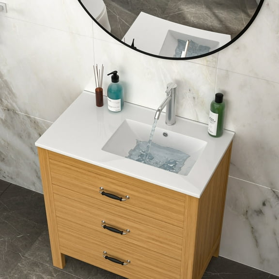 LHSHID 32"x18"White Rectangular Single Vanity Top with 1 Faucet Hole and Overflow(Sink Only),a spacious left countertop for maximum storage convenience