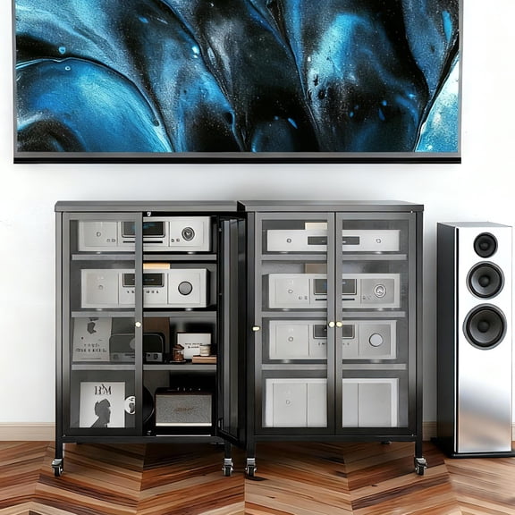 LHKJ 35.8in Media Storage Cabinet, 4 Glass Shelves, Wheels