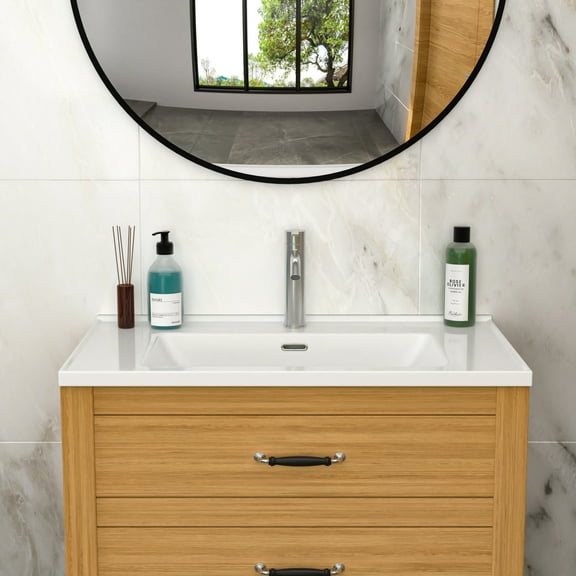 LHSHID 35"x20"White Rectangular Single Vanity Top with 1 Faucet Hole and Overflow(Sink Only)