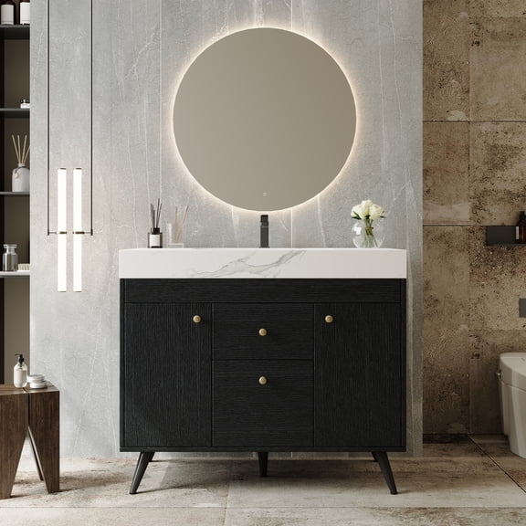 LHSHID 36"Modern Freestanding Bathroom Vanity with Sintered Stone Top,Ceramic Sink Smart Storage