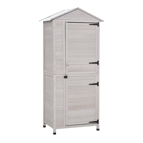LHSHID 36"x25"x79" Wooden Storage Shed Cabinet,Outdoor Tool Shed Organizer with 4-Tier,3 Shelves with Handle Tin Roof Magnetic Latch Foot Pad,Light Grey