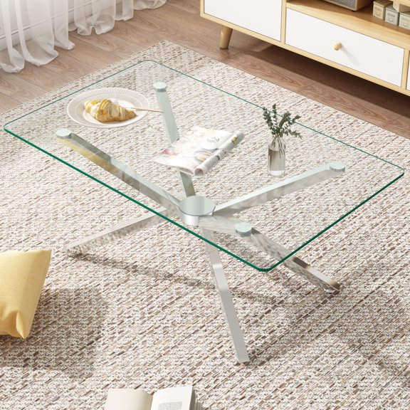 LHKJ Rectangular Glass Coffee Table with Silver Legs, 39.37 Inches