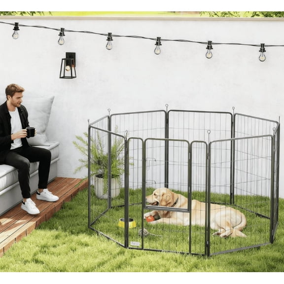 LHSHID 39 Inch Exercise Pen,8 Panel Metal Pet Fence for Medium and Large Dogs,Black