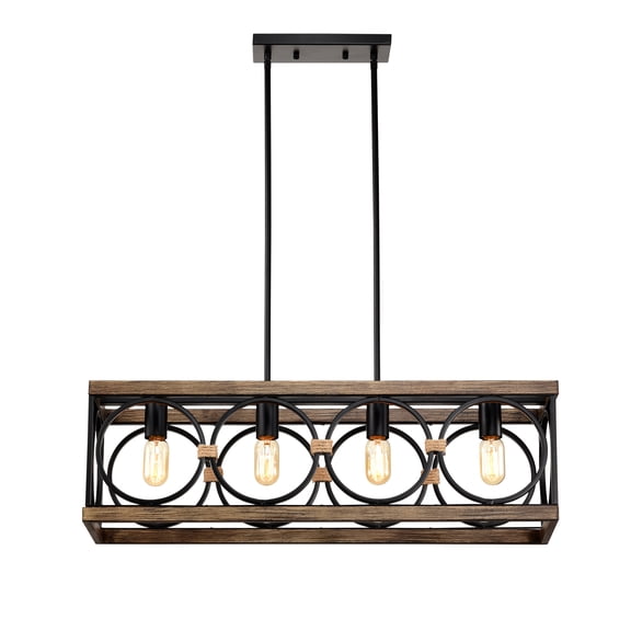 LHSHID 4-Light (Bulb NO Included)Farmhouse Rectangle Pendant Light,31.6" Nature Wood Texture Vintage Rustic Chandeliers Black Metal Industrial Hanging Light Fixtures for Kitchen,Entryway,Dining Room