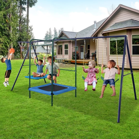 LHSHID 4-in-1 Backyard Swing Set with Belt Swing, Hammock, Trampoline & Basketball Hoop, Outdoor Kids Active Play