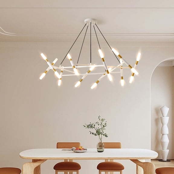 LHSHID 41" White Golden Modern Chandelier Light Fixture,Branch Design with Frosted Tubes,Black Cords,Adjustable Height Pendant Light for Dining Room,or Kitchen Island (Bulb Not Included)
