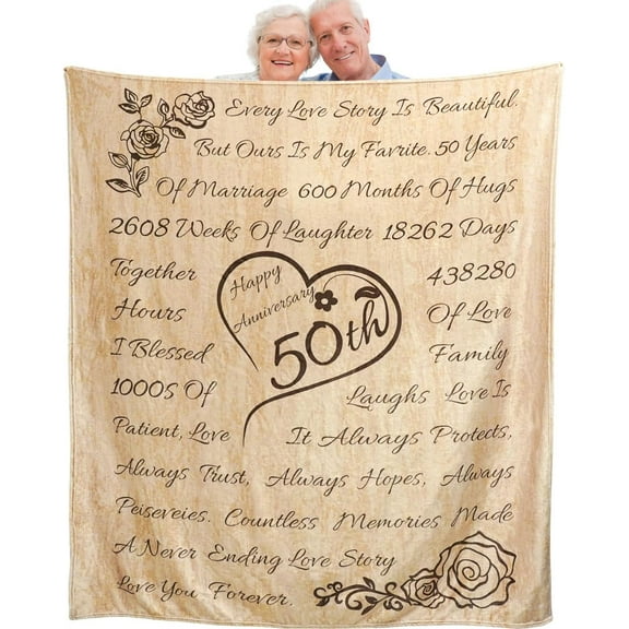 LHSHID 50th Anniversary Throw Blanket Gifts 50th Golden Wedding for Couple Parents Grandparents Friends Golden 50 Years of Marriage Gift Ideas Throw Blankets 50x60in