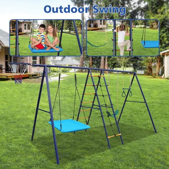 LHSHID 6-in-1 Backyard Swing Set with Climbing Ladder & Net, Trapeze Bar, Hammock, Belt Swing & Basketball Hoop