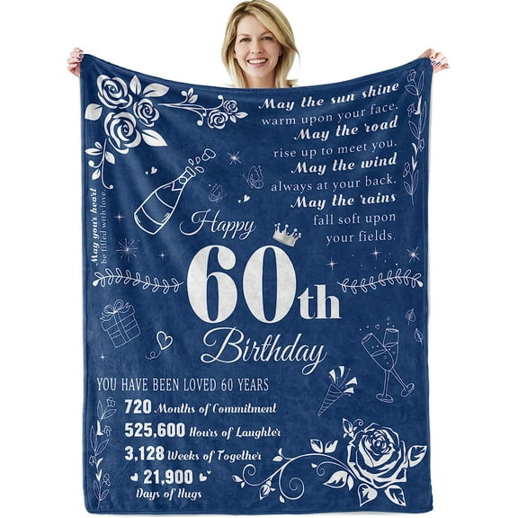 LHSHID 60th Birthday Gifts for Women Blanket Happy 60th Birthday Decorations Throw Blanket for Her Birthday Gifts for Wife Mom Men Cheers to 60 Years Gifts Blue 30"x40"