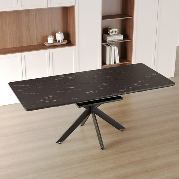 LHSHID 62.4"Extendable 78.15"Very large Black Dining Table Modern Mid-Century Kitchen Table Set for Dining Room,party Table,Conference table,Black metal X shape Legs