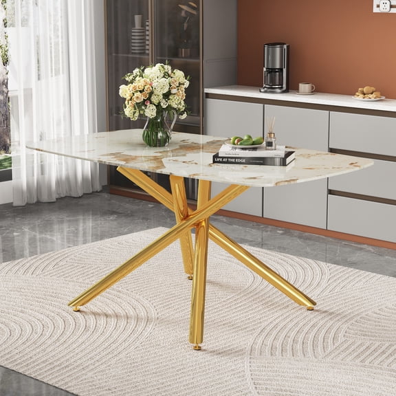 LHSHID 63"x35.4"Luxurious White Marble-Patterned Tempered Glass Dining Table for 4-6 people.Single Fork Gold Metal Table Legs.Tempered Glass Table Top,Gold Metal Leg