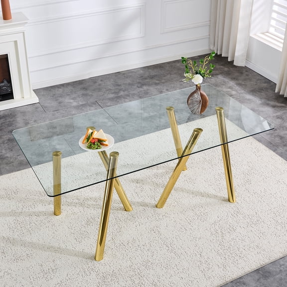 LHKJ Glass Dining Table with Metal Legs, 71 Inches