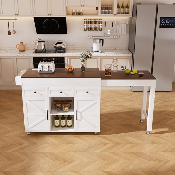 LHSHID 74.8"Kitchen Island with Extendable Dining Table&Power Outlet-Rolling Storage Cart on Wheels with 3 Drawers&2 Door Cabinet for Dining Room,White