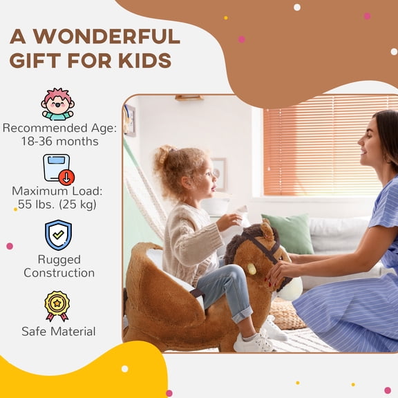 LHSHID Plush Animal Rocking Horse with Sound Effects, Safety Belt, and Sturdy Wooden Base, Brown