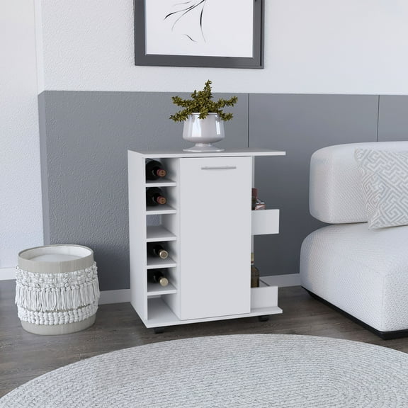LHSHID Bar Cart with Six-Wine Cubbies Cabot,Two-Side Storage Shelves and Casters,White Finish