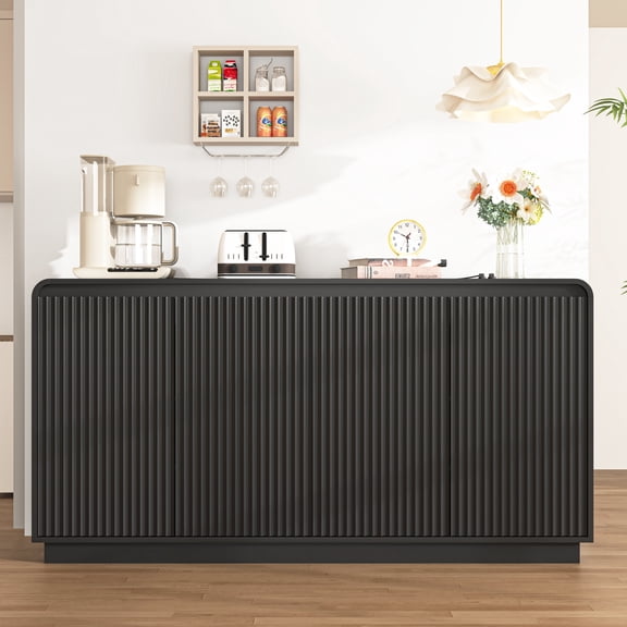 LHSHID Black 4-Door Fluted TV Stand with Power Outlet,Handleless Wave Design Entertainment Center,Adjustable 3-Tier Particle Board Storage Cabinet,Multi-Functional Media Console&Buffet Sideboard